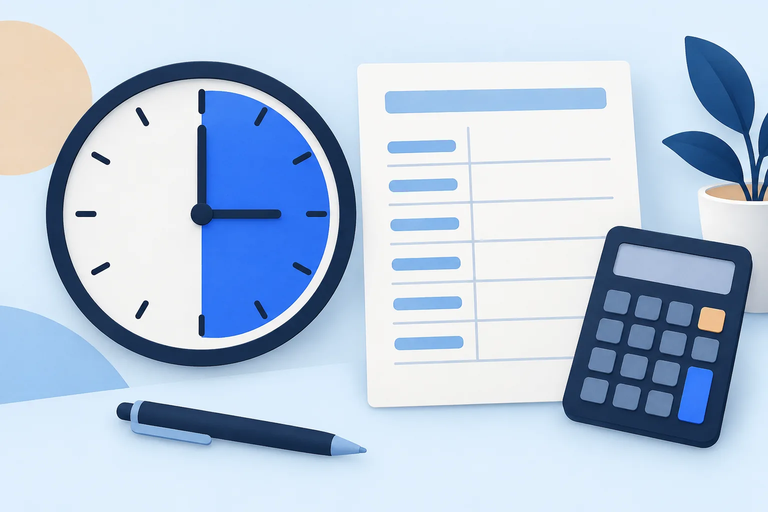 Clock, timesheet and calculator — conceptual duration-conversion illustration