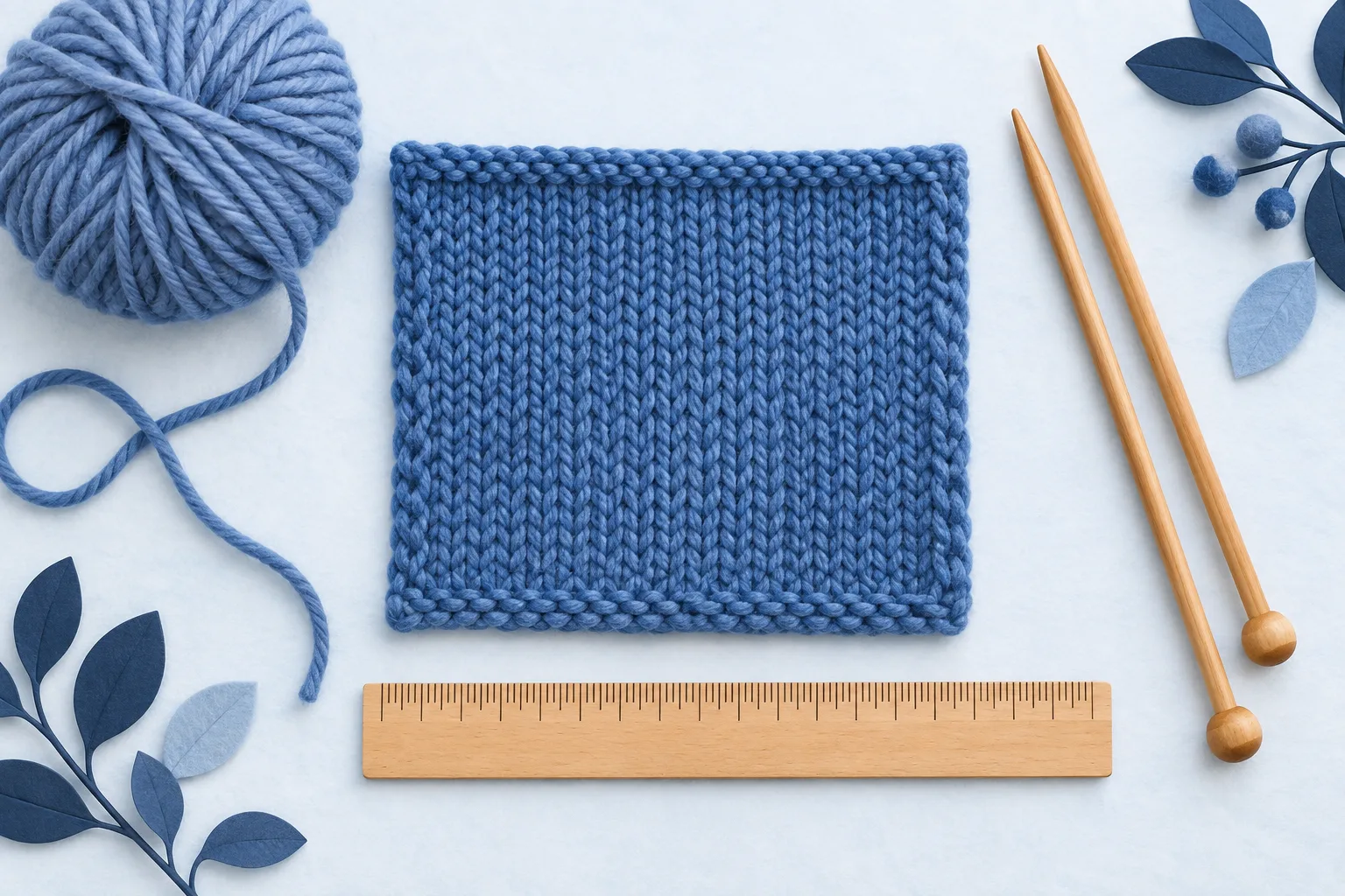 Blue knitted swatch with a ruler, yarn and needles — a conceptual illustration, not a scale measurement diagram