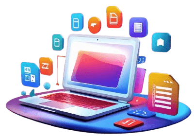 A clean modern vector illustration of a central open laptop surrounded by colorful floating tool icons including image editing photo or landscape icon file converters arrows or file type icons e1754138717998